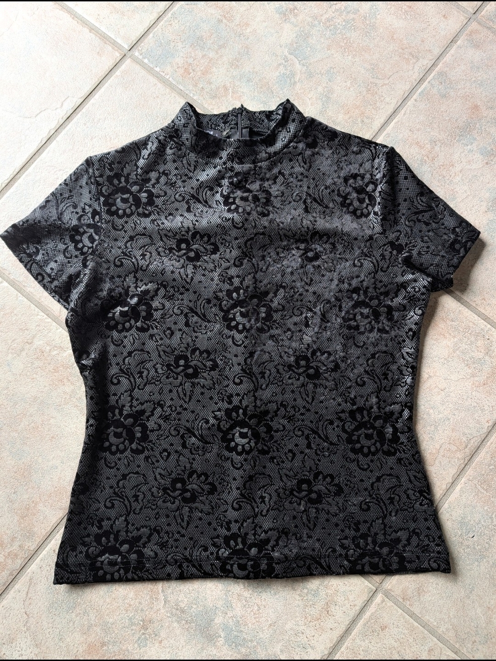 Votre Nom Vintage Black Floral Burnout Short-Sleeve Mock Neck Top
